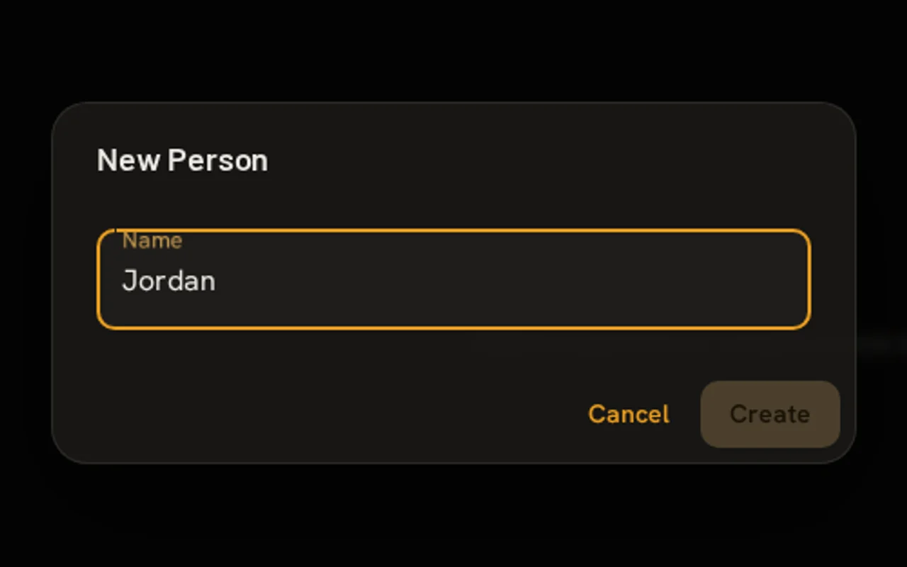 The Dark Studio person list with a new person being created